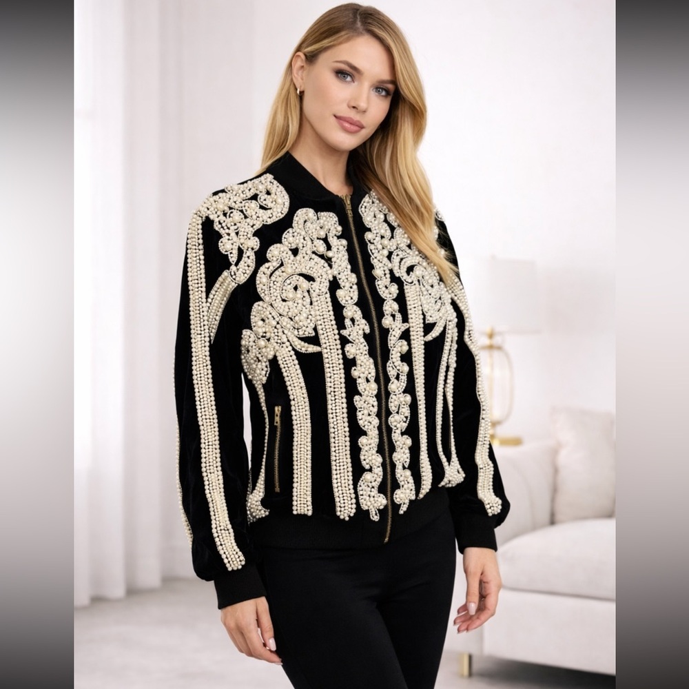 Vintage Elegant Black and White Embellished Jacket